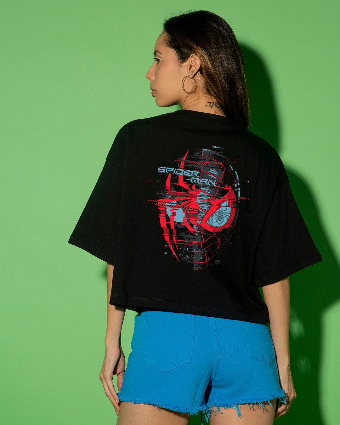 Shop Women's Black Across The Spiderverse Graphic Printed Oversized Short Top-Back