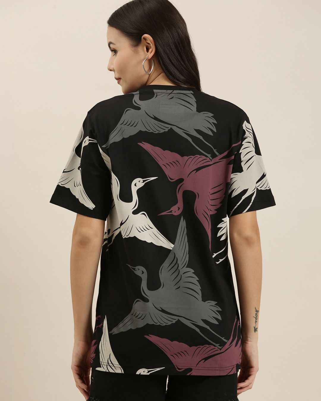 Shop Women's Black All Over Birds Printed Oversized T-shirt-Back