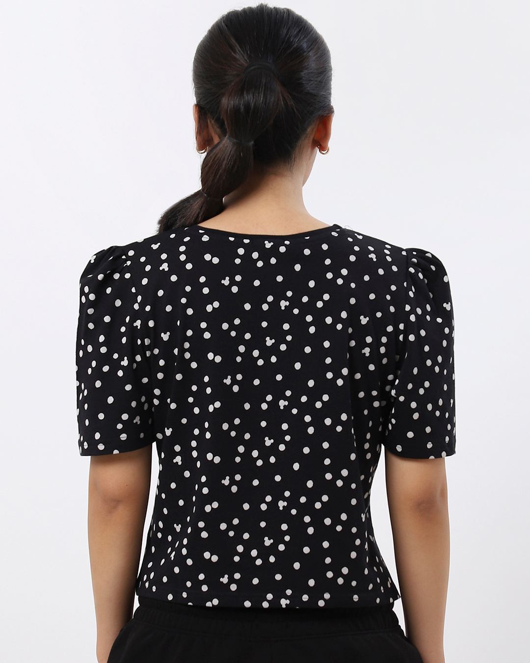 Shop Women's Black All Over Disney Printed Polka Puffed Sleeve T-shirt-Back