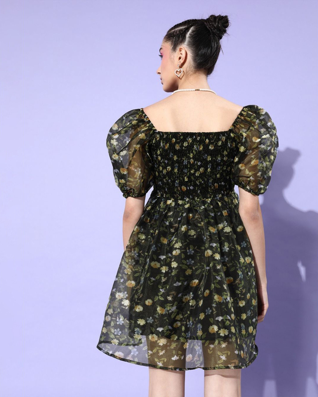 Shop Women's Black All Over Floral Printed Sheer Dress-Back
