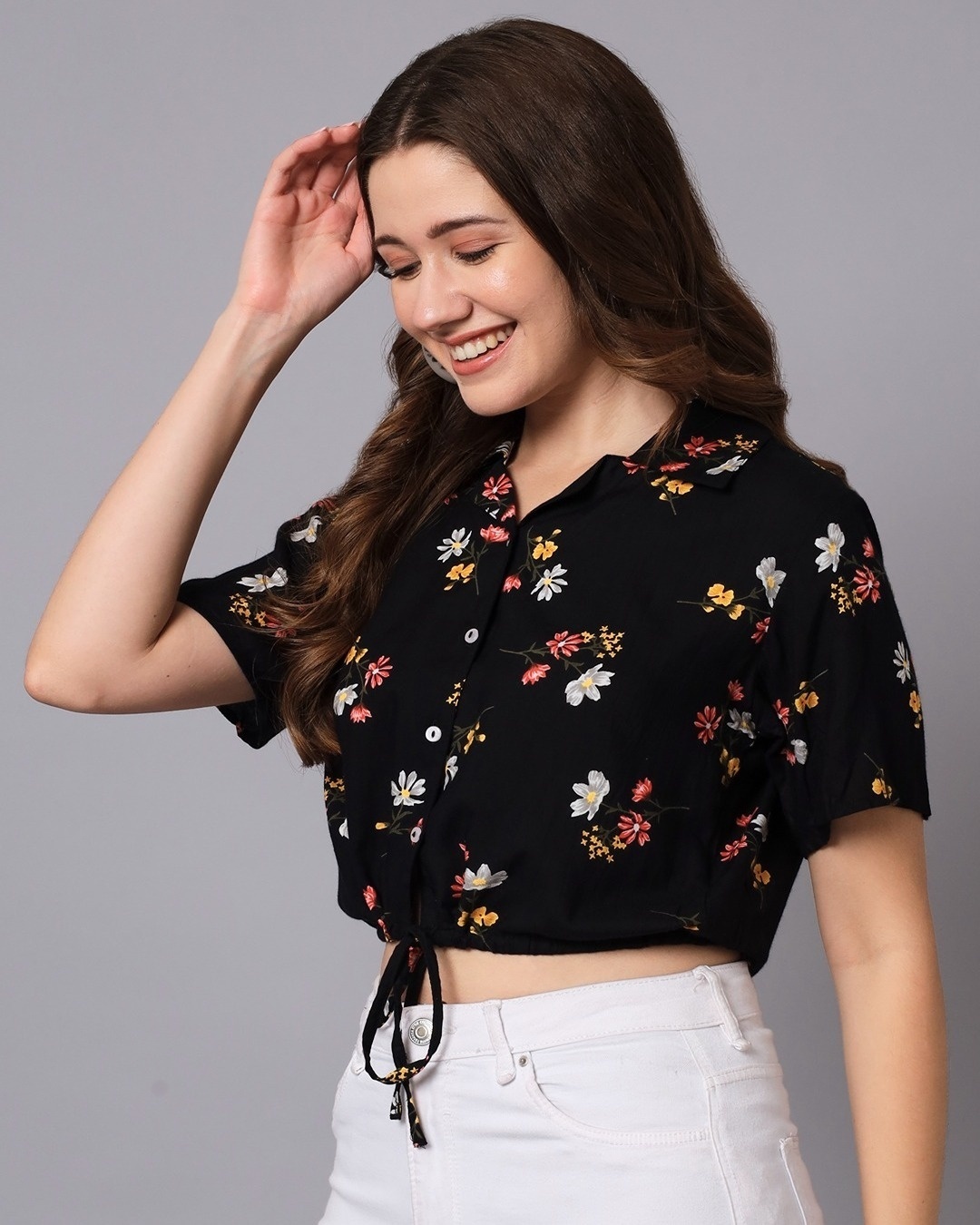 Shop Women's Black All Over Floral Printed Short Top-Back