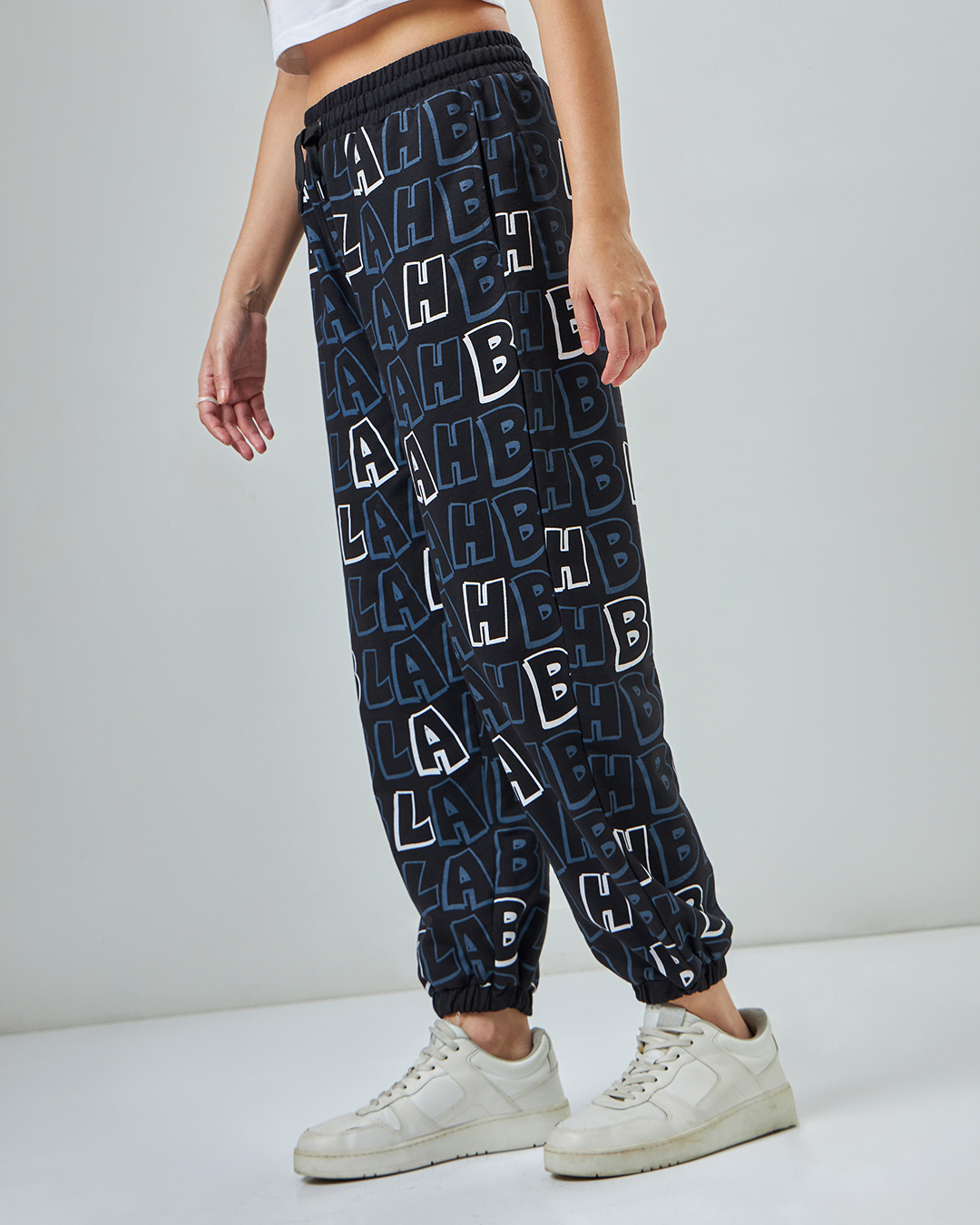 Shop Women's Black All Over Printed Oversized Joggers-Back