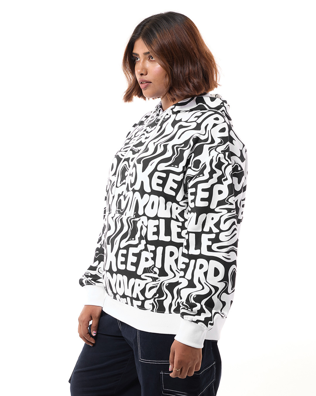 Shop Women's Black & White All Over Printed Oversized Plus Size Hoodies-Back