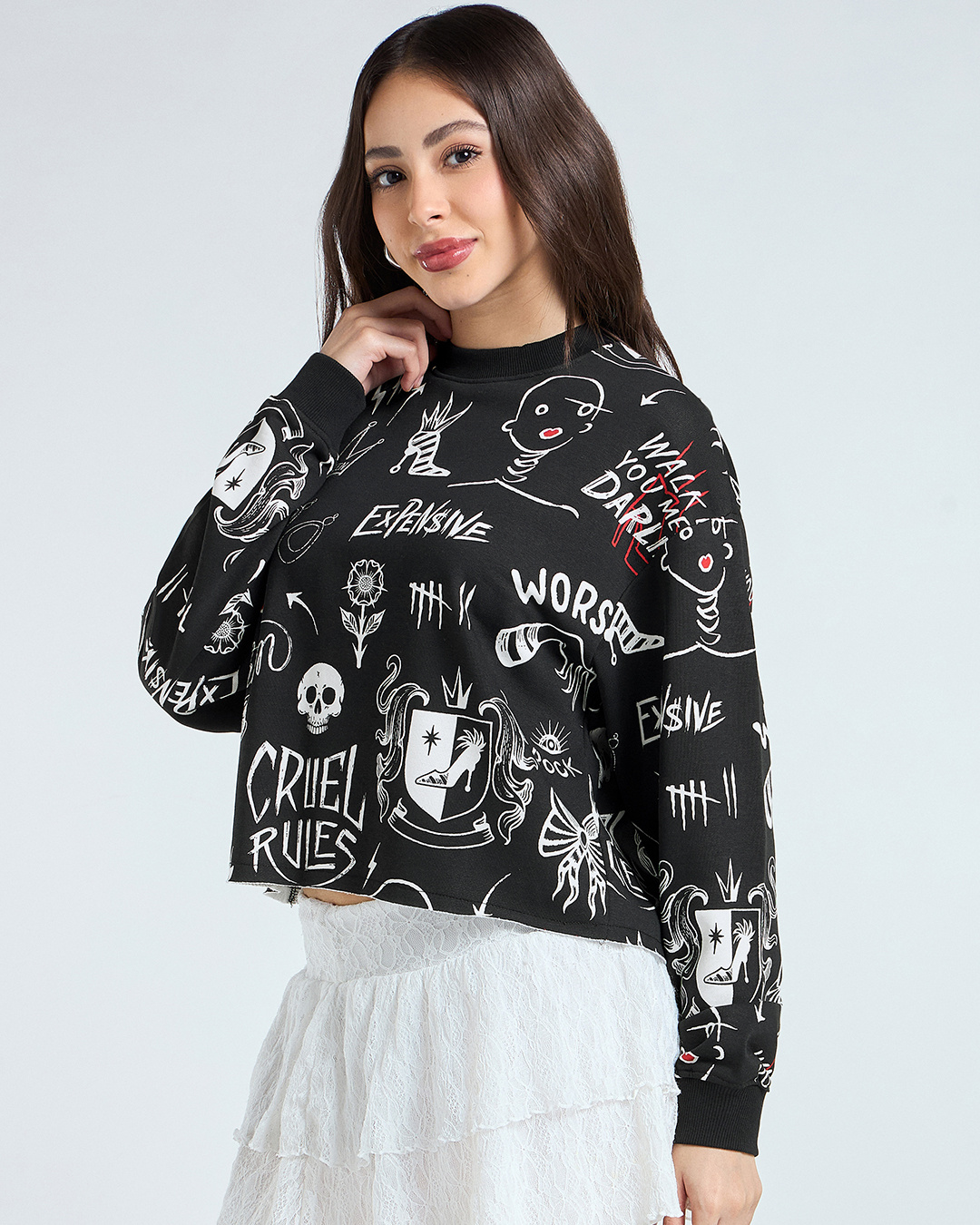 Shop Women's Black All Over Printed Oversized Cropped Sweatshirt-Back