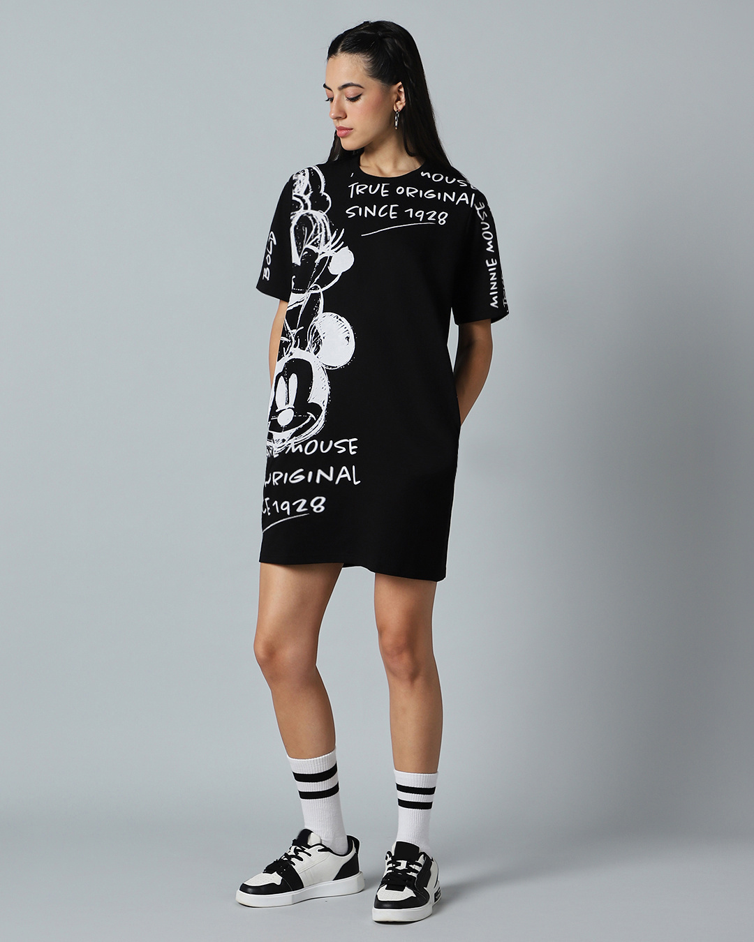 Shop Women's Black All Over Printed Oversized T-Shirt Dress-Back