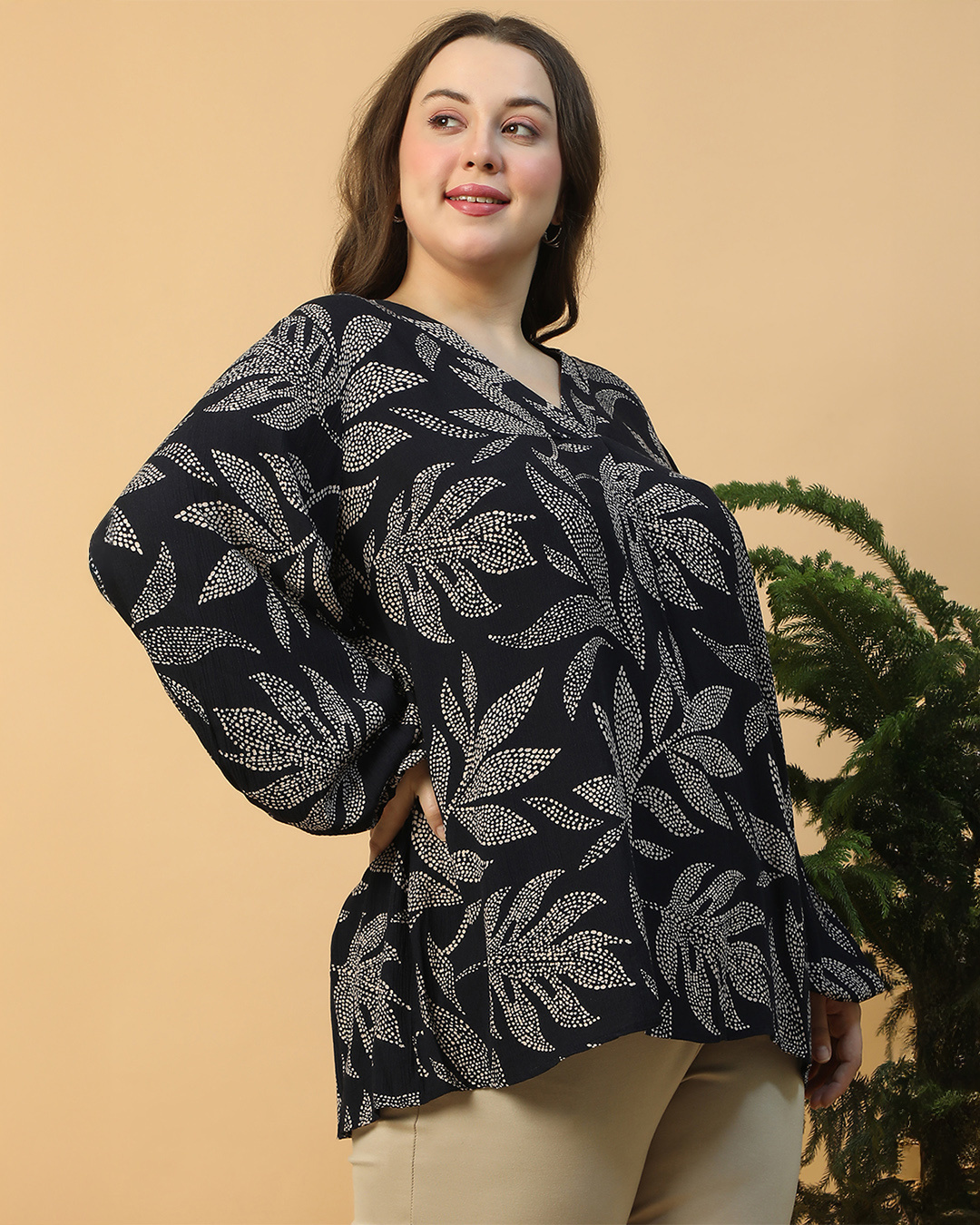 Shop Women's Black & White All Over Leafy Printed Plus Size Top-Back