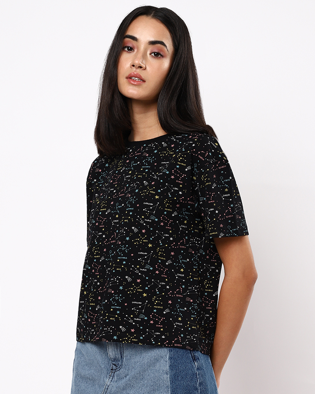 Shop Women's Black All Over Printed Relaxed Fit T-shirt-Back