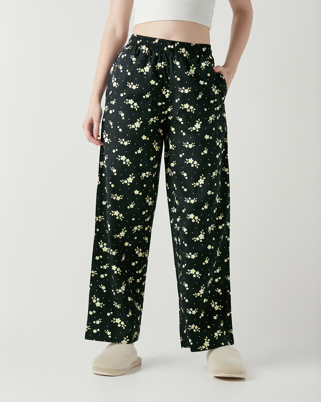 Shop Women's Black All Over Printed Wide Leg Pyjamas-Back