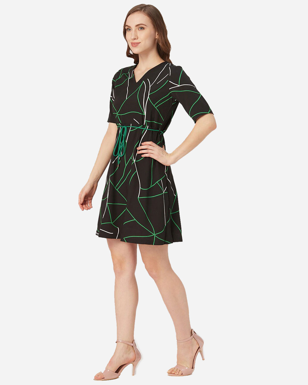 Shop Women's Black And Green Abstract Print A Line Dress-Back