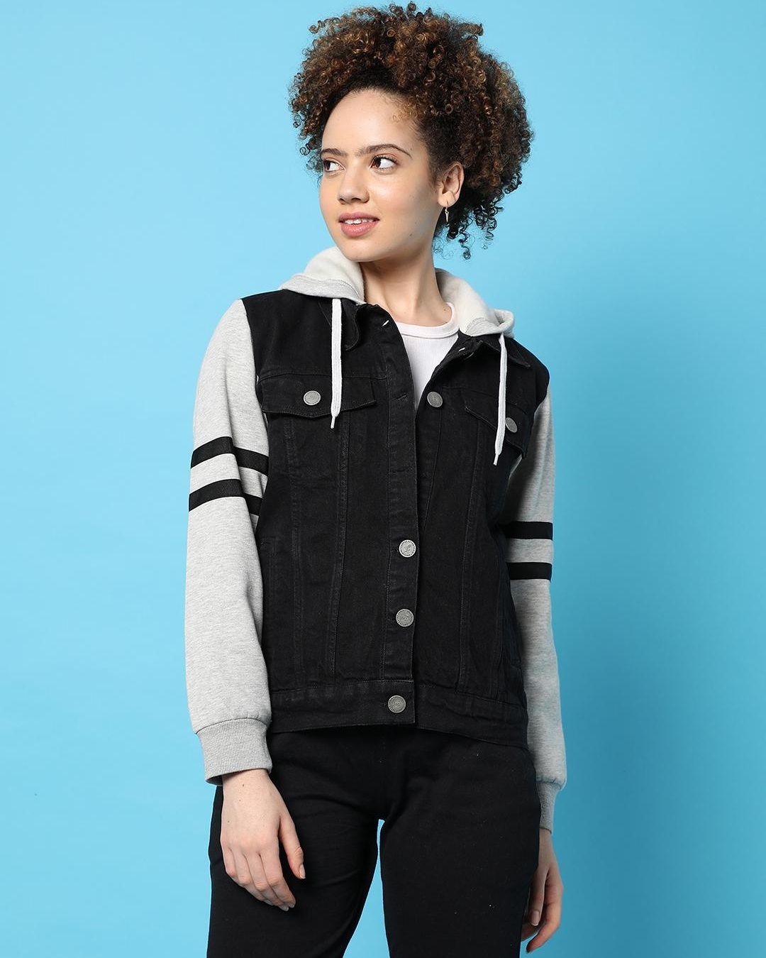 Buy Women's Black & Grey Color Block Denim Hooded Jacket Online at Bewakoof