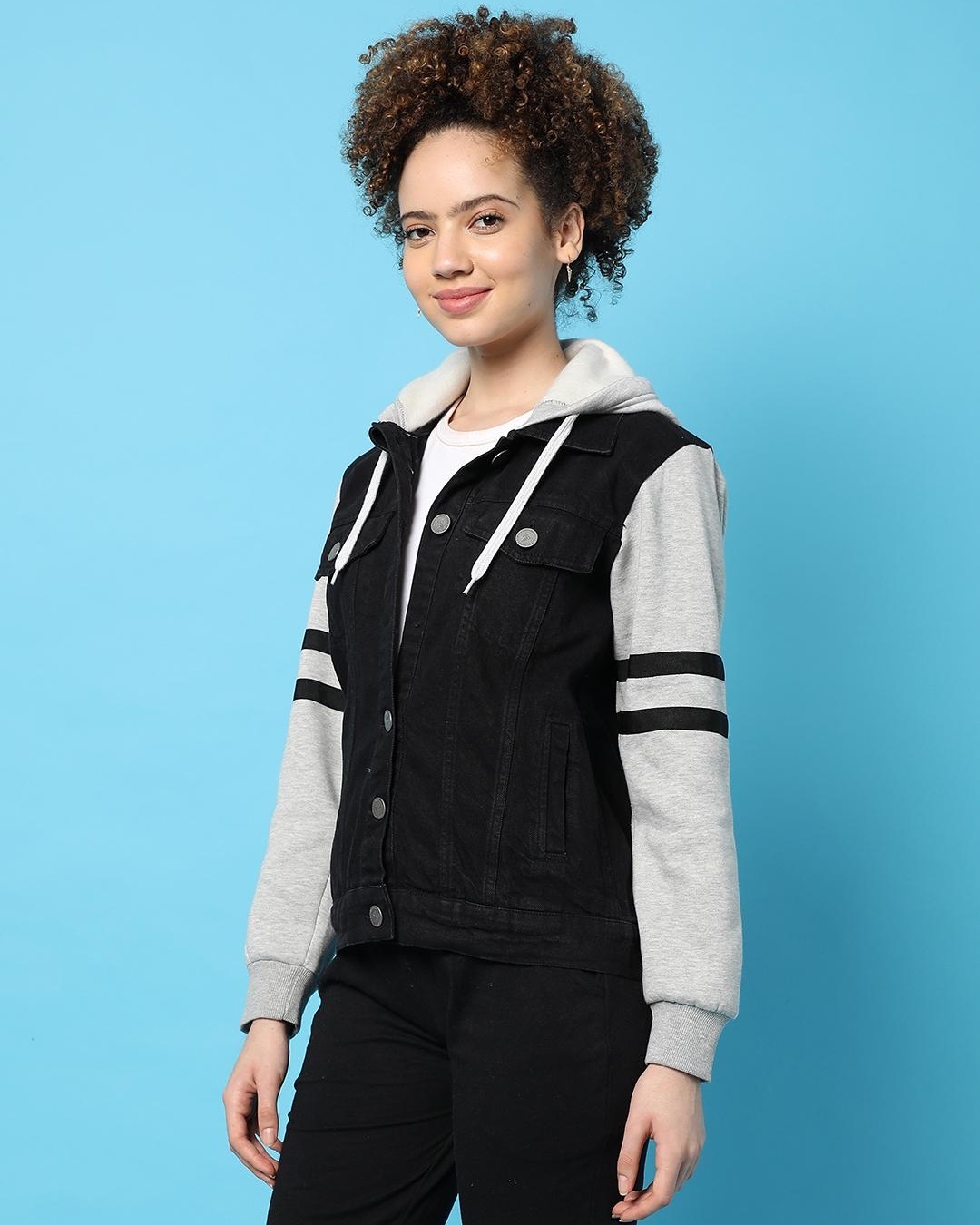 Shop Women's Black & Grey Color Block Denim Hooded Jacket-Back