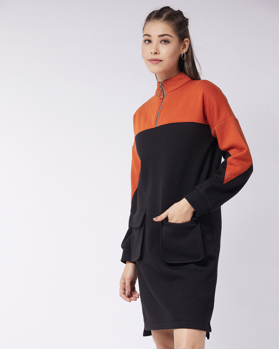 Shop Women's Black and Orange Color Block Jumper Dress-Back