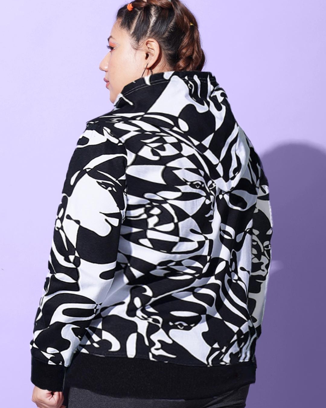 Shop Women's Black and White Abstract Printed Plus Size Hooded Sweatshirt-Back