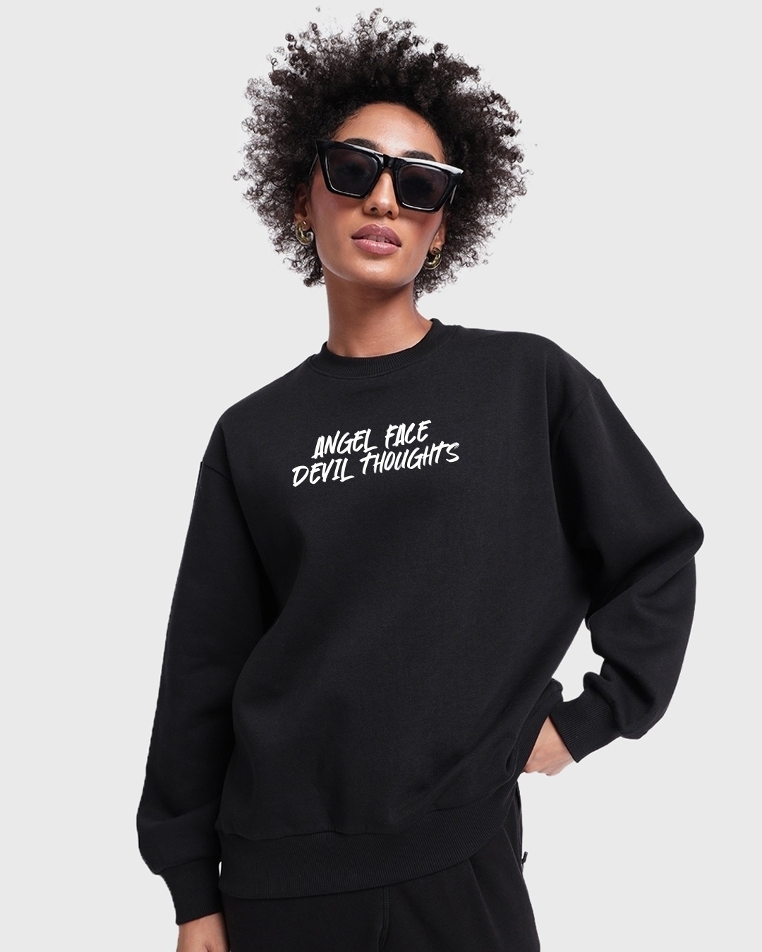 Shop Women's Black Angel Face Devil Thoughts Graphic Printed Oversized Sweatshirt-Back