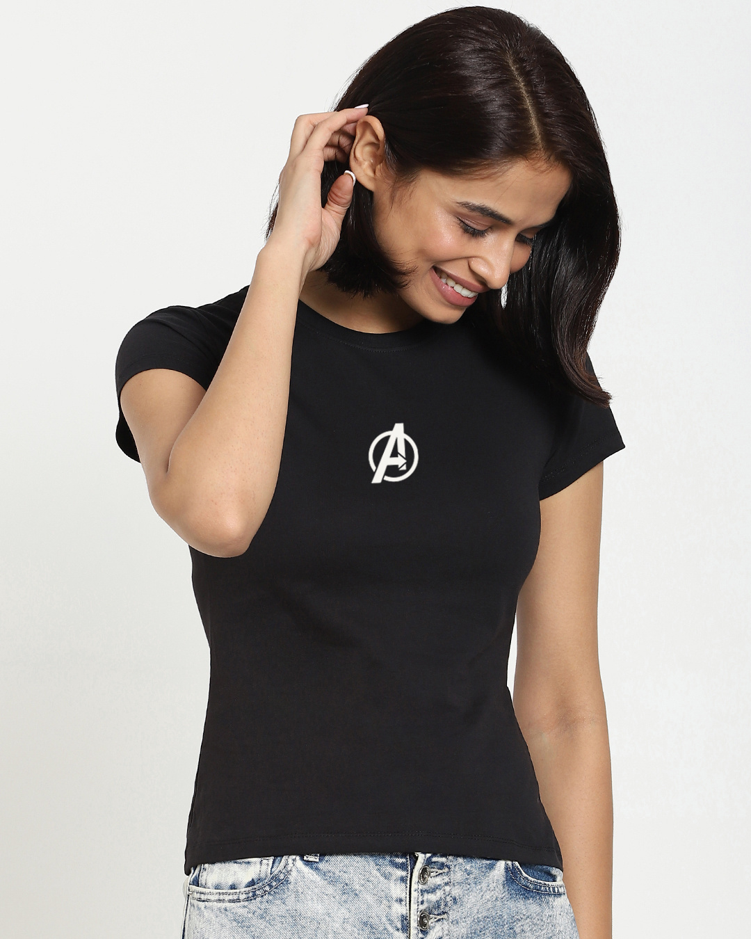Shop Women's Black Avengers Assemble Typography T-shirt-Back