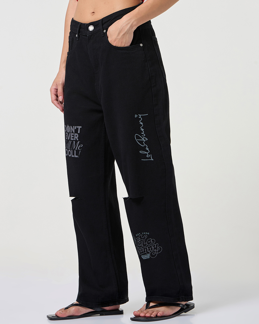 Shop Women's Black Distressed Washed Straight Fit Jeans-Back