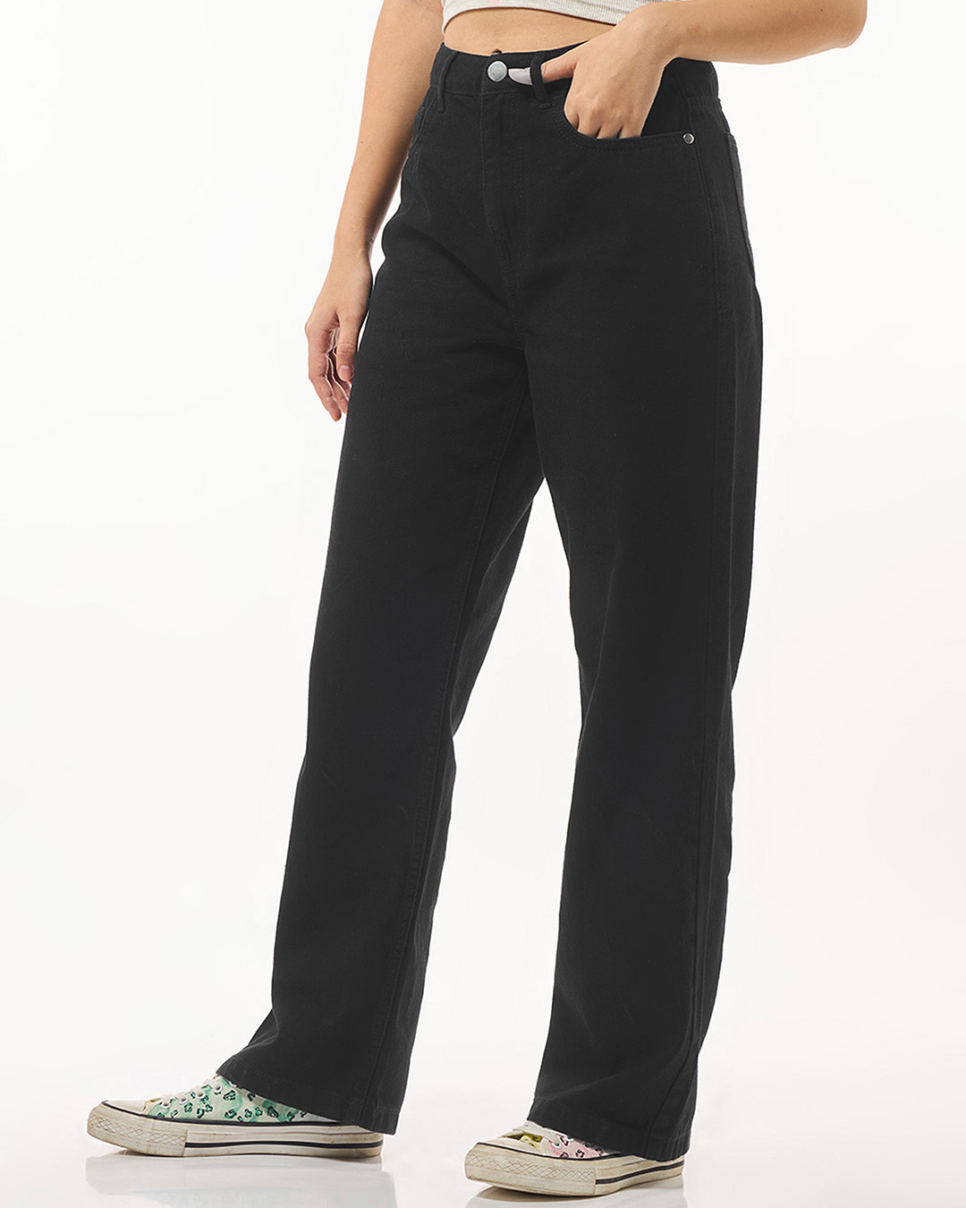 Shop Women's Black Baggy Wide Leg Jeans-Back