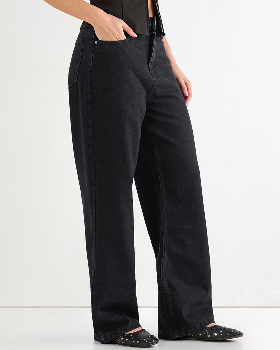 Shop Women's Black Baggy Wide Leg Jeans-Back