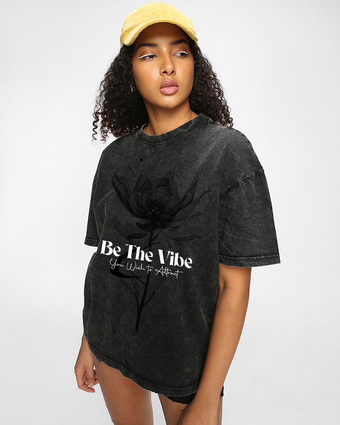Shop Women's Black Be The Vibe Graphic Printed Oversized Acid Wash T-shirt-Back