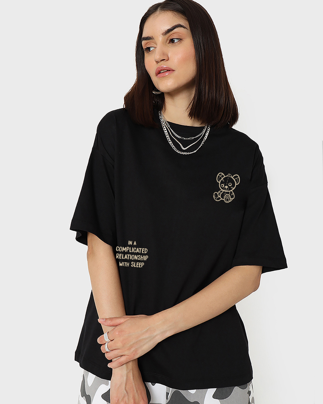 Shop Women's Black Bearly Awake Graphic Printed Oversized T-shirt-Back