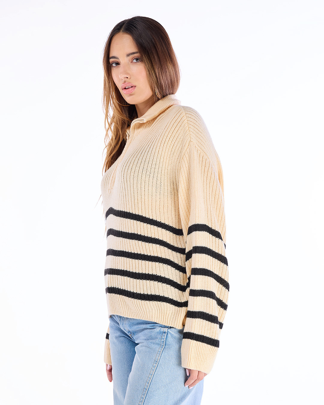 Shop Women's Beige & Black Striped Oversized Sweater-Back