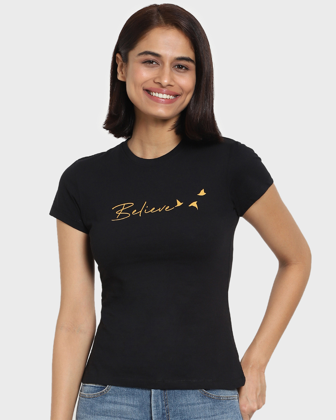 Shop Women's Black Believe Slim Fit T-shirt-Back