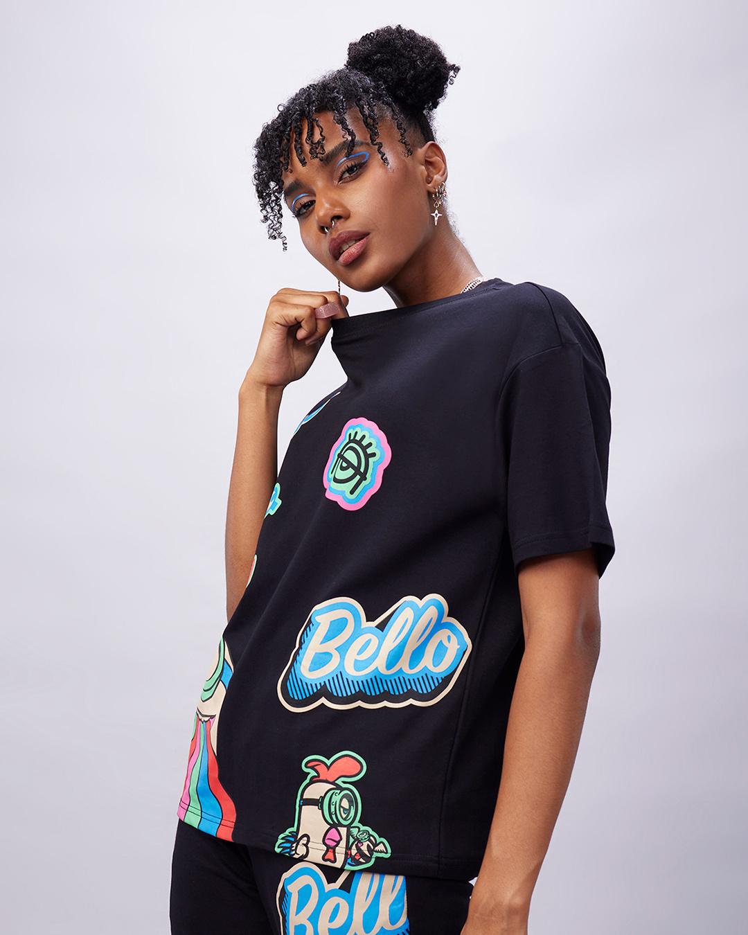 Shop Women's Black Bello Minion Graphic Printed Oversized T-shirt-Back