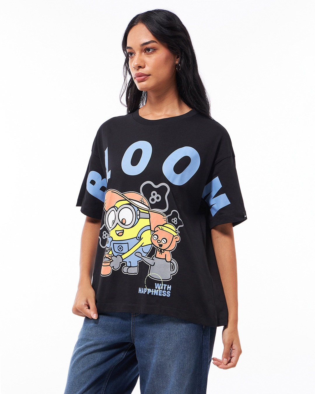 Shop Women's Black Bloom Minion Graphic Printed Oversized T-shirt-Back