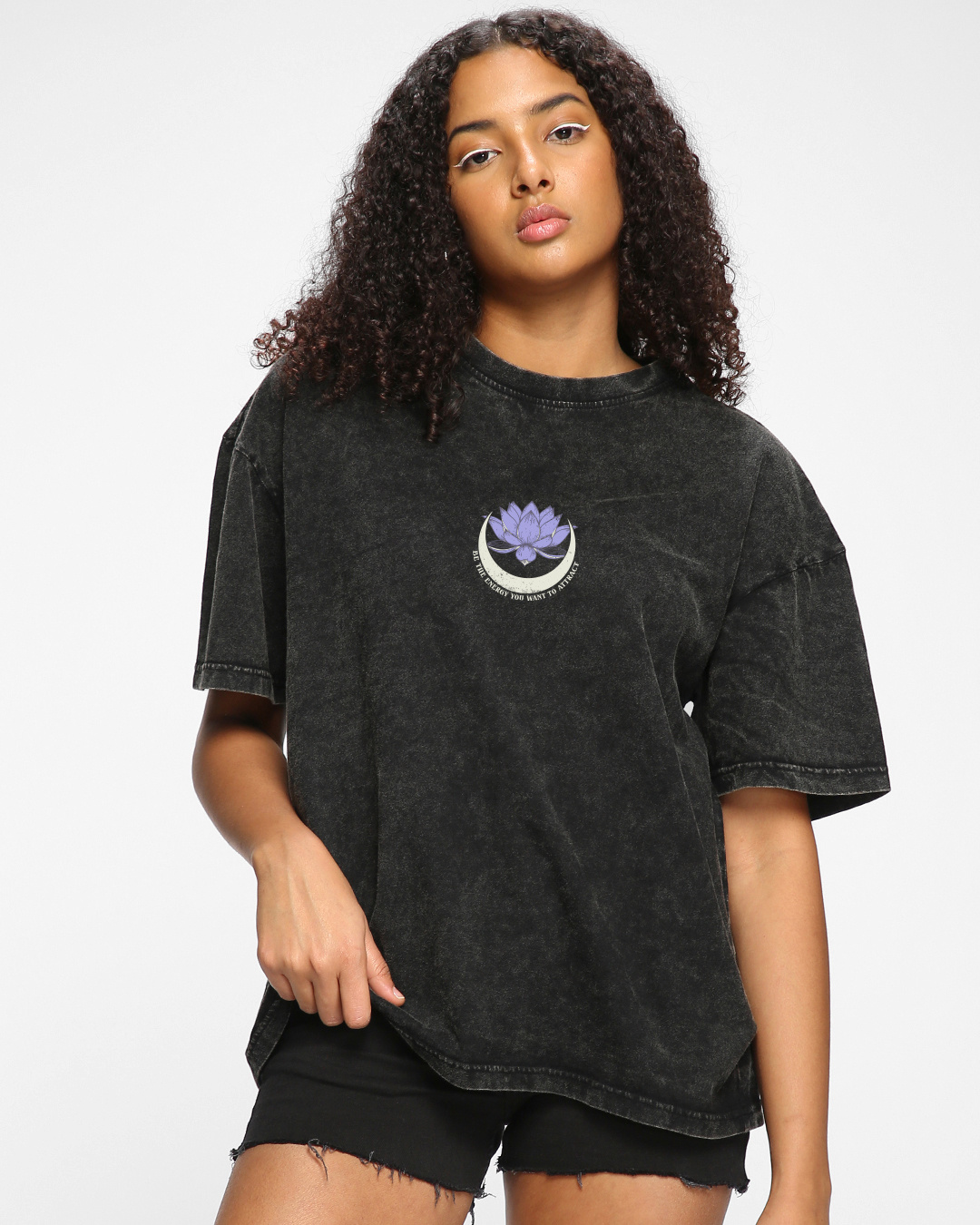 Shop Women's Black Blooming Graphic Printed Oversized Acid Wash T-shirt-Back