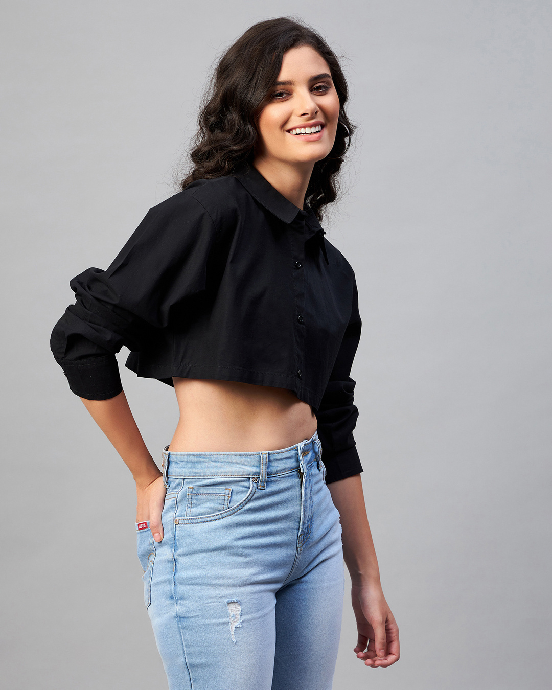 Shop Women's Black Boxy Fit Crop Shirt-Back