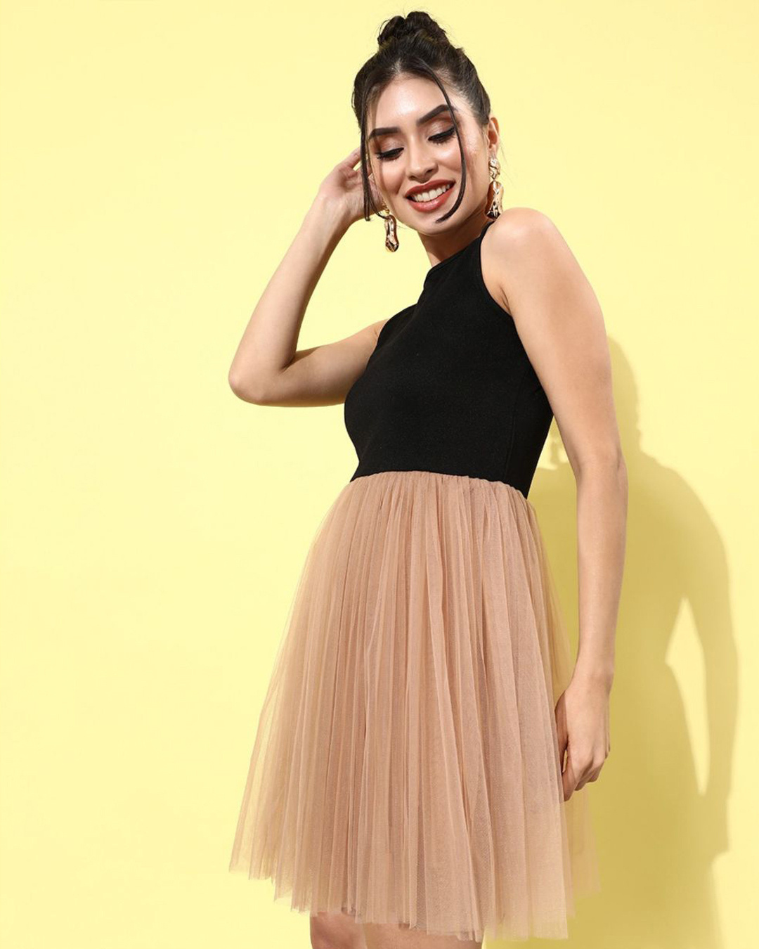 Shop Women's Black & Brown Color Block Tulle Dress-Back