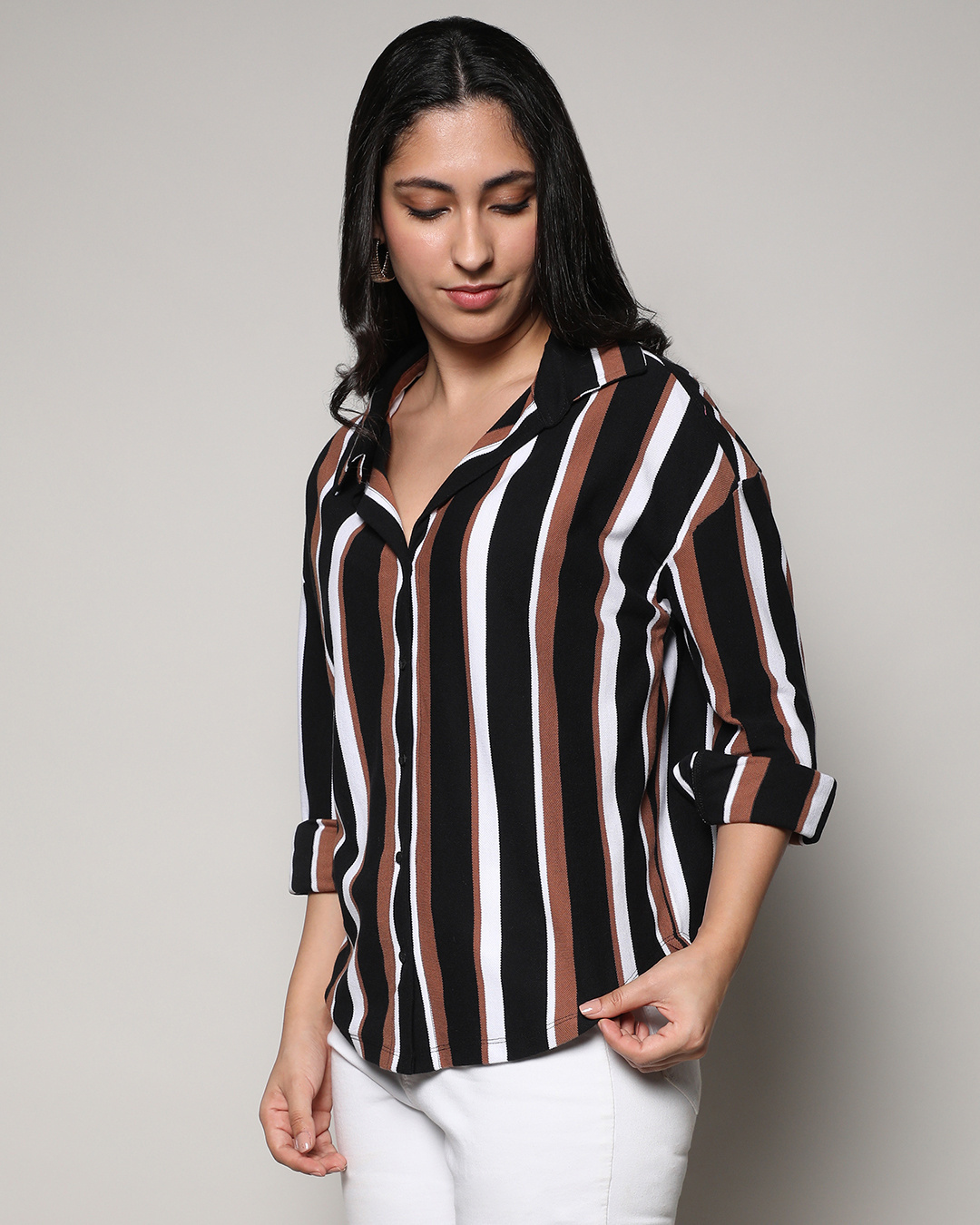 Shop Women's Black & Brown Striped Shirt-Back