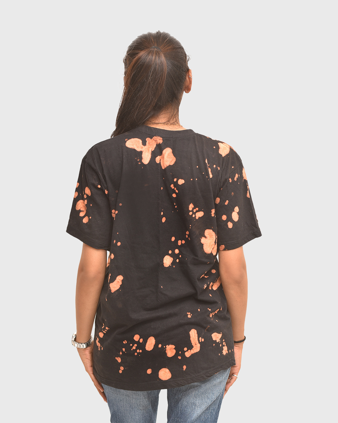 Shop Women's Black & Brown Tie & Dye Relaxed Fit T-shirt-Back