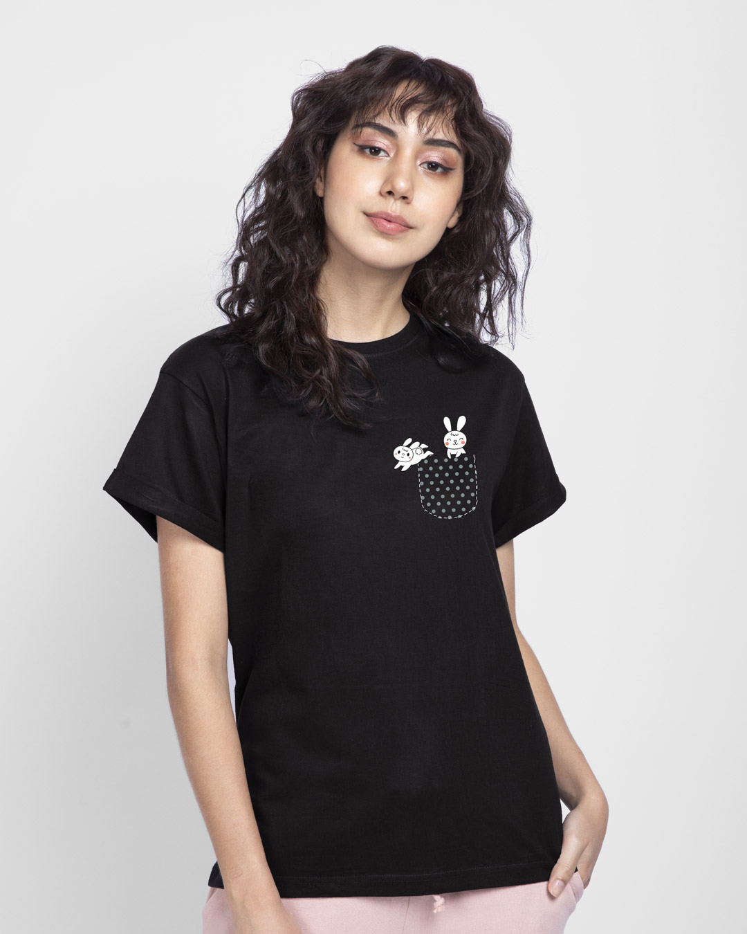 Shop Women's Black Bunny Rabbit Pocket Boyfriend T-shirt-Back