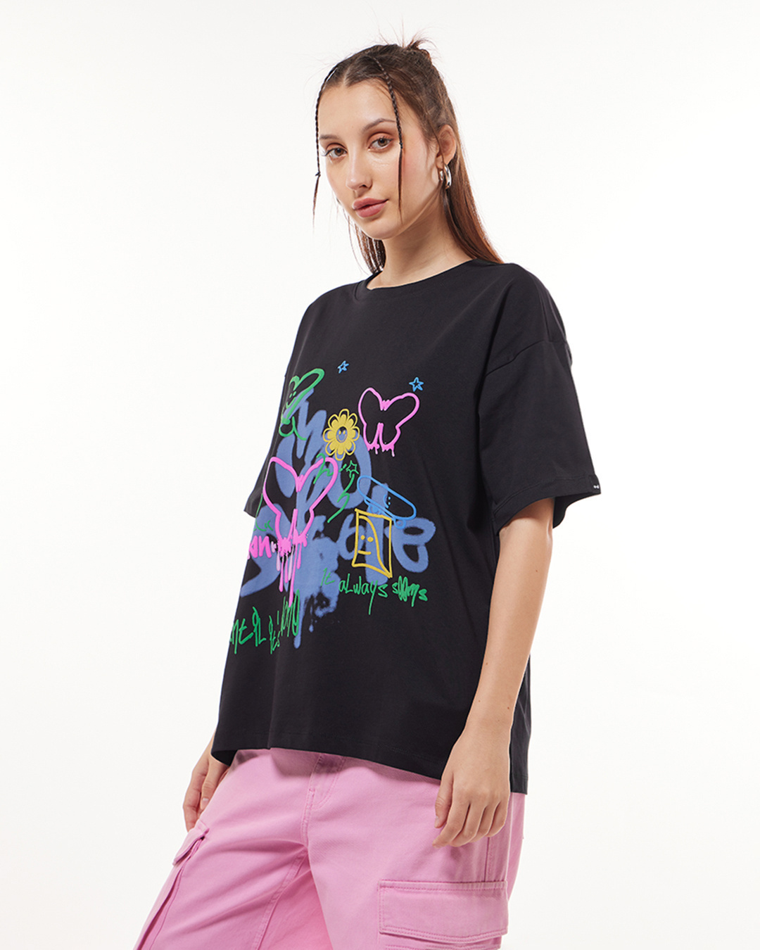 Shop Women's Black Butterflies Colorful Graphic Printed Oversized T-shirt-Back