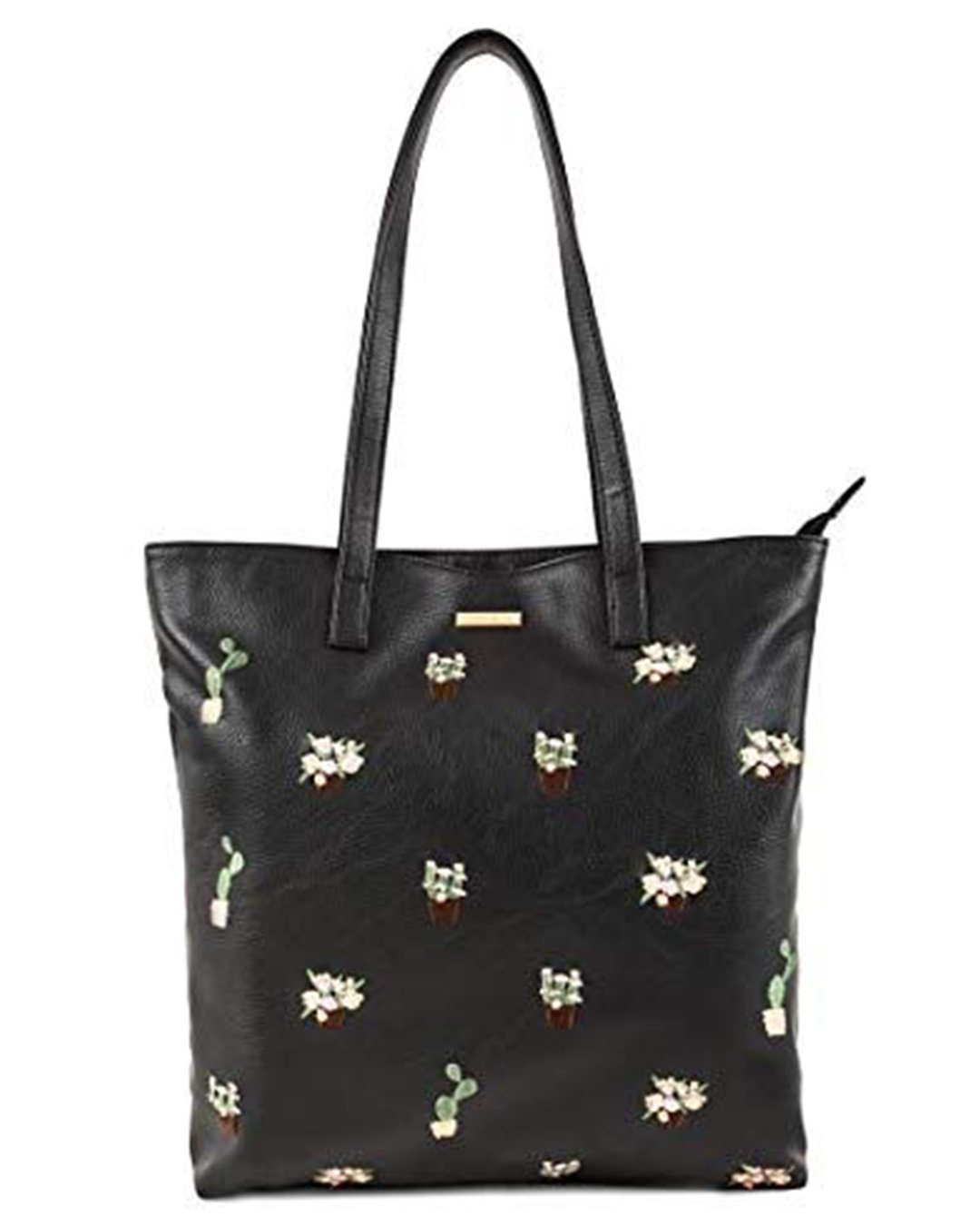 Shop Women's Black Cactus Embroidered Tote Bag-Front