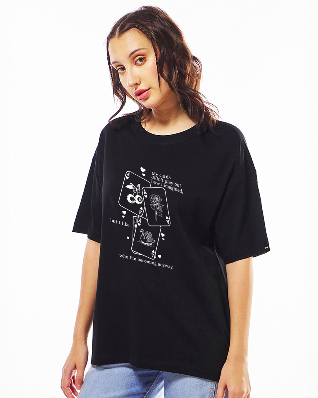 Shop Women's Black Cards Graphic Printed Oversized T-shirt-Back