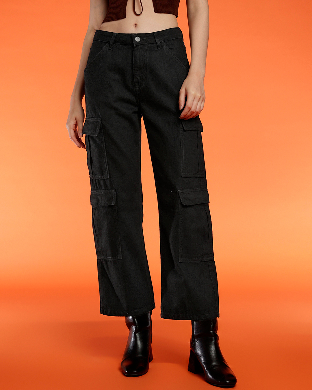 Shop Women's Black Relaxed Fit Cargo Jeans-Back