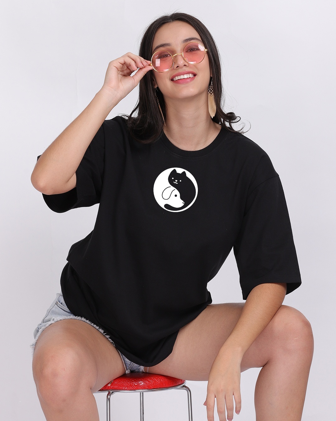 Shop Women's Black Cat Dog Graphic Printed Oversized T-shirt-Back