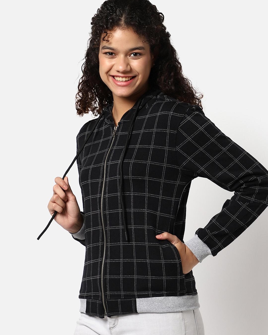 Shop Women's Black Checked Hooded Jacket-Back