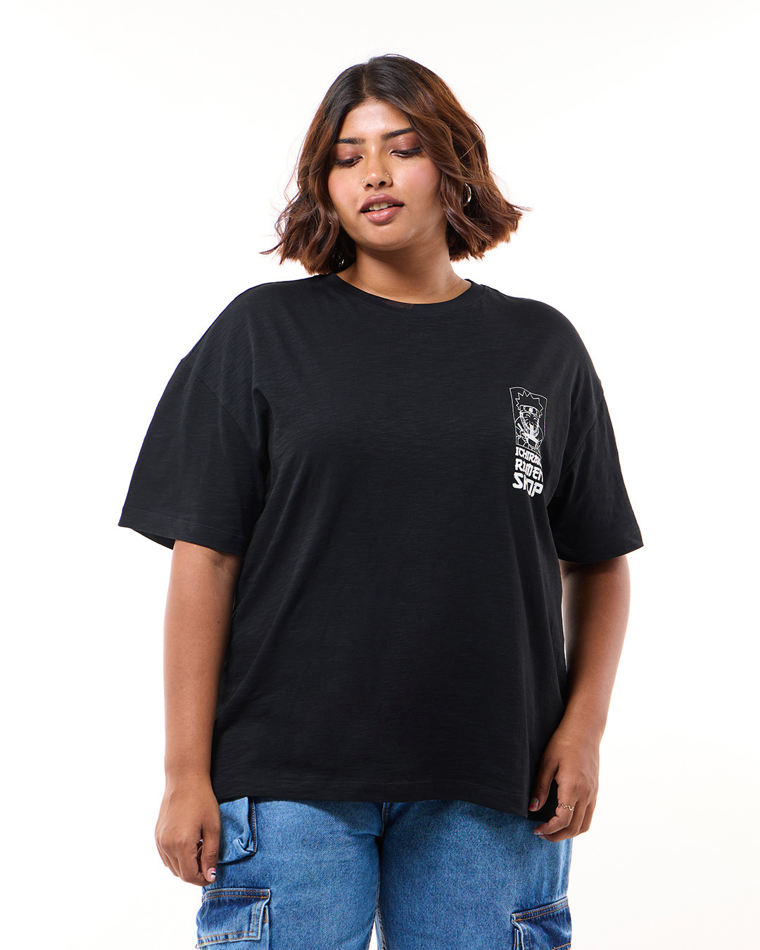 Shop Women's Black Ichiraku Ramen Shop Graphic Printed Oversized Plus Size T-shirt-Back