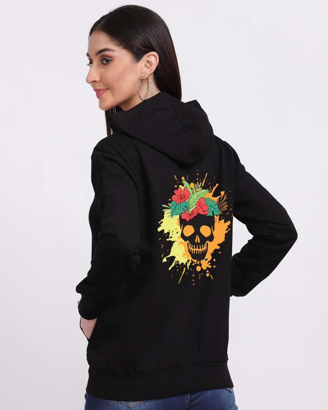 Shop Women's Black Colourful Skull Graphic Printed Hoodie-Back