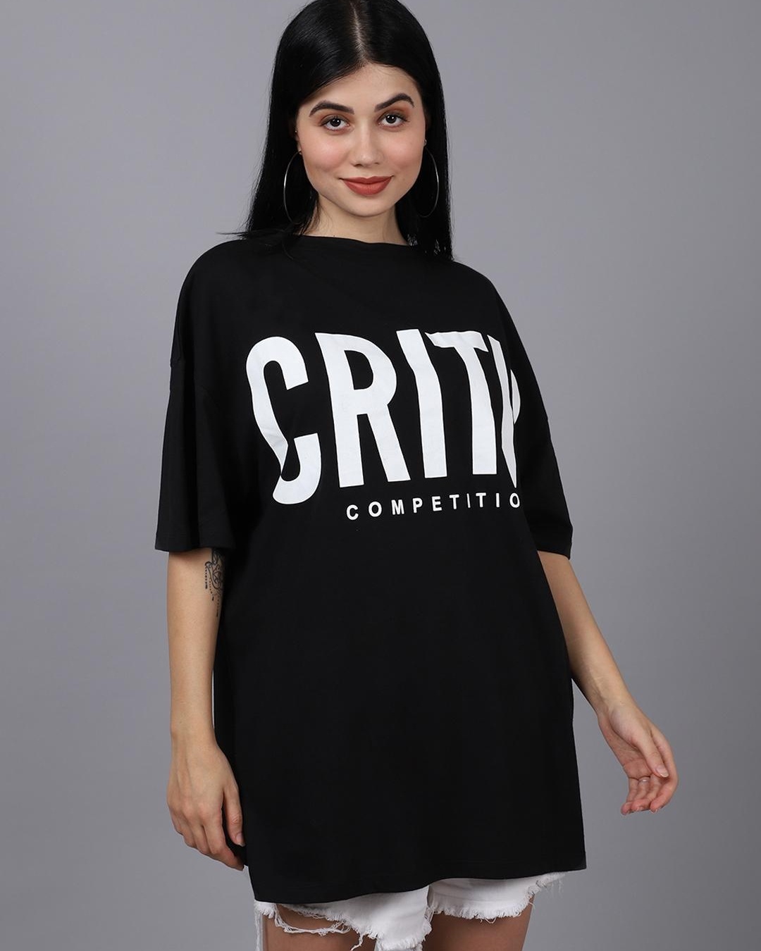 Shop Women's Black Critic Typography Oversized T-shirt-Back