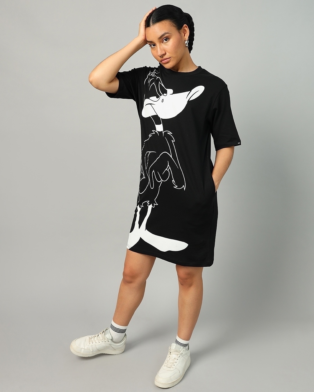 Shop Women's Black Daffy Graphic Printed Oversized Dress-Back