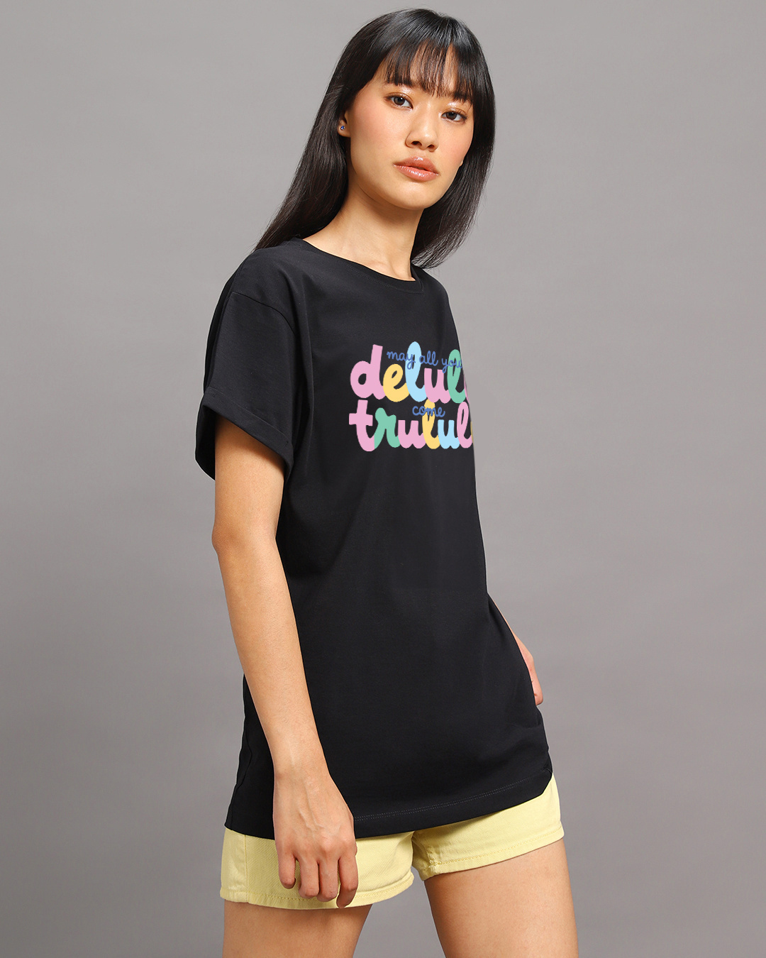 Shop Women's Black Delulu Come Trululu Graphic Printed Boyfriend T-shirt-Back