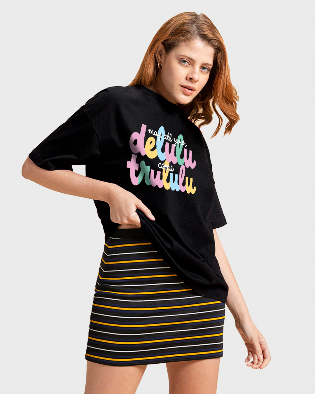 Shop Women's Black Delulu Come Trululu Graphic Printed Oversized T-shirt-Back