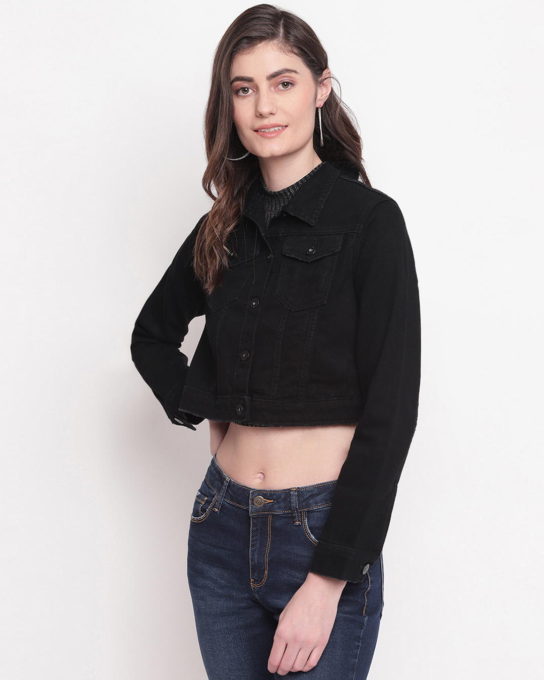 Shop Women's Black Denim Cropped Jacket-Back