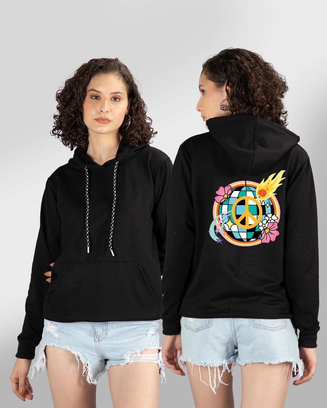 Buy Women's Black Disco Ball Peace Graphic Printed Hoodie for Women ...