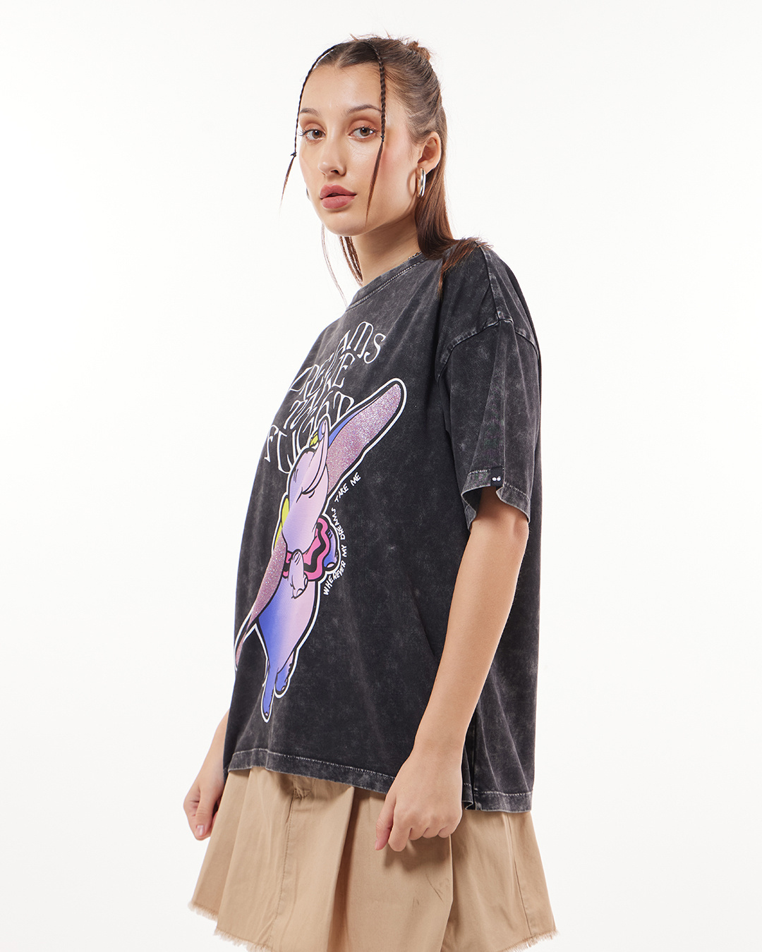 Shop Women's Black Dumbo Dreams Graphic Printed Oversized Acid Wash T-shirt-Back