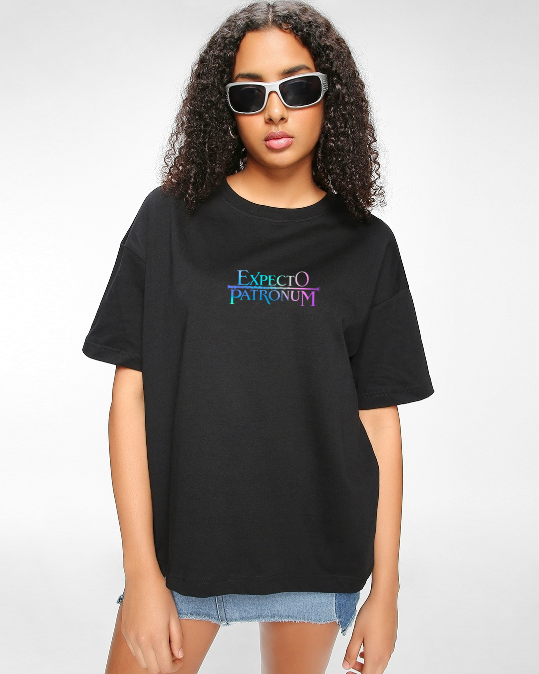 Shop Women's Black Expecto Graphic Printed Oversized T-shirt-Back